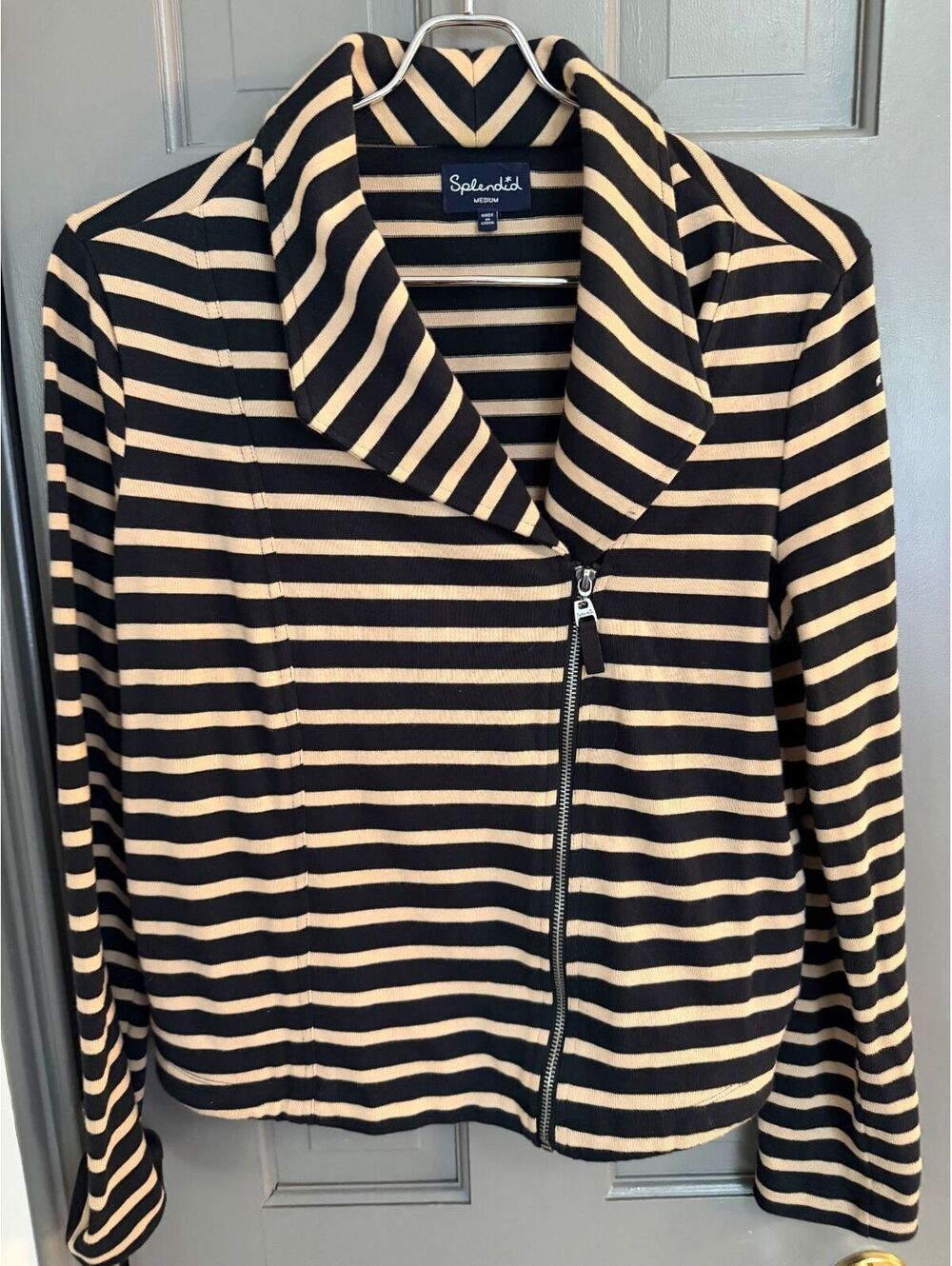 Splendid Women's Black & Tan Vista Stripe Moto Knit Jacket - Size Medium